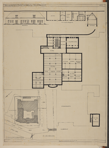 217174 Opstand en plattegrond van de bergplaats, plattegrond van de kelder en situatie van het nieuwe gebouw van de ...